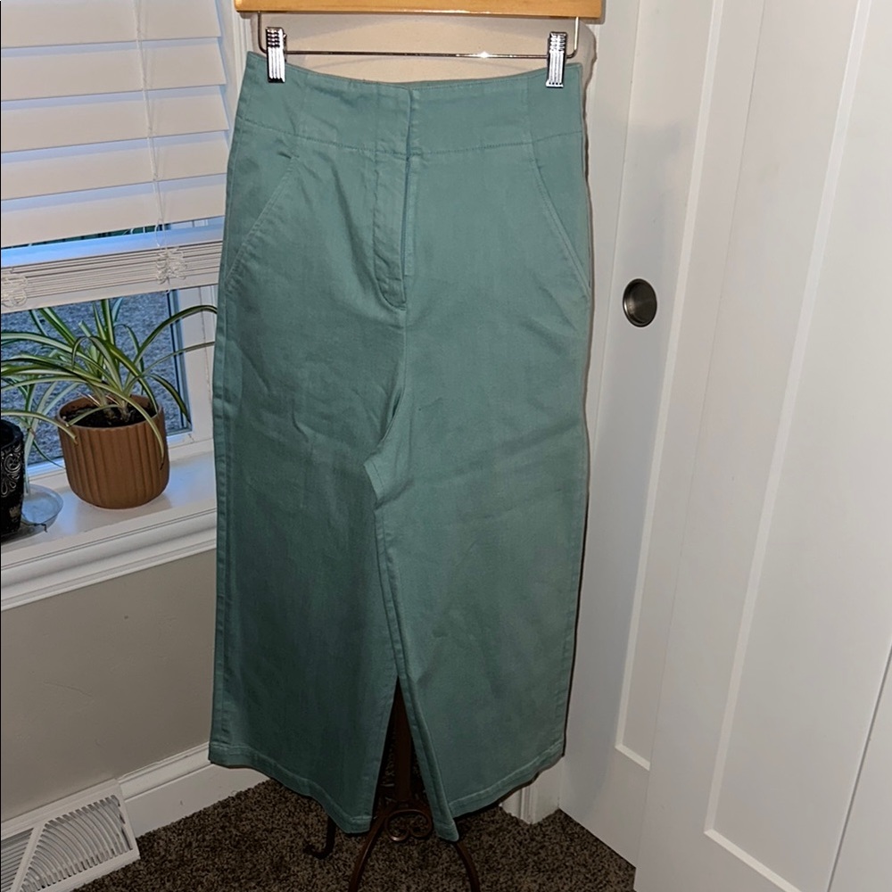 Tibi Sage Green Ultra High Rise Wide‎ Leg Cotton Trousers Size 2